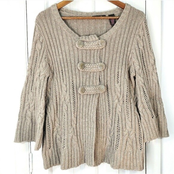 Heather B Beige Button Front Chunky Knit Cardigan Sweater 3/4 Bell Sleeves Sz XL - Picture 1 of 12
